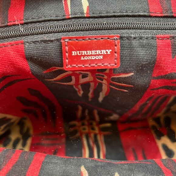 burberry brown distressed cotton canvas red leather ethnic print lined t… - Picture 2 of 8